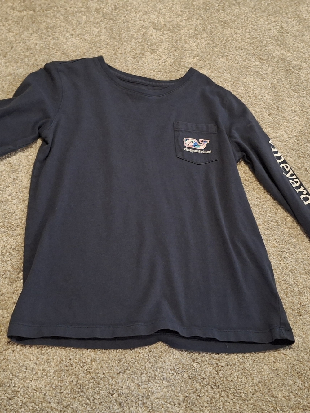 Vineyard Vines Kids Navy Long Sleeve Pocket Tee with Sleeve Logo
